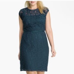 Adrianna Papell TEAL BLUE Cap Sleeve Lace Sheath Dress - Size 16